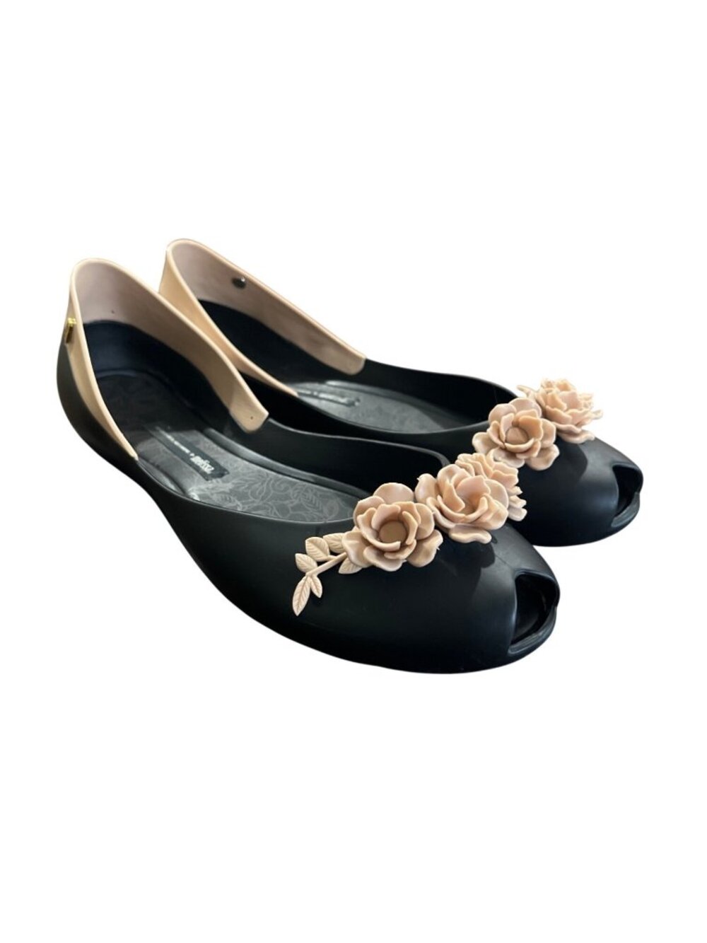 Melissa + Herchcovitch Alexandre Women Size 8 Floral Peep Toe Flats Black Pink